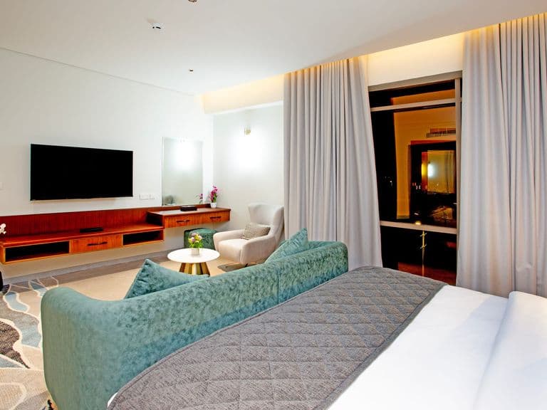 A suite living area with television