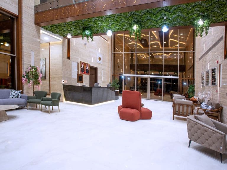 Lobby seating beside the reception desk