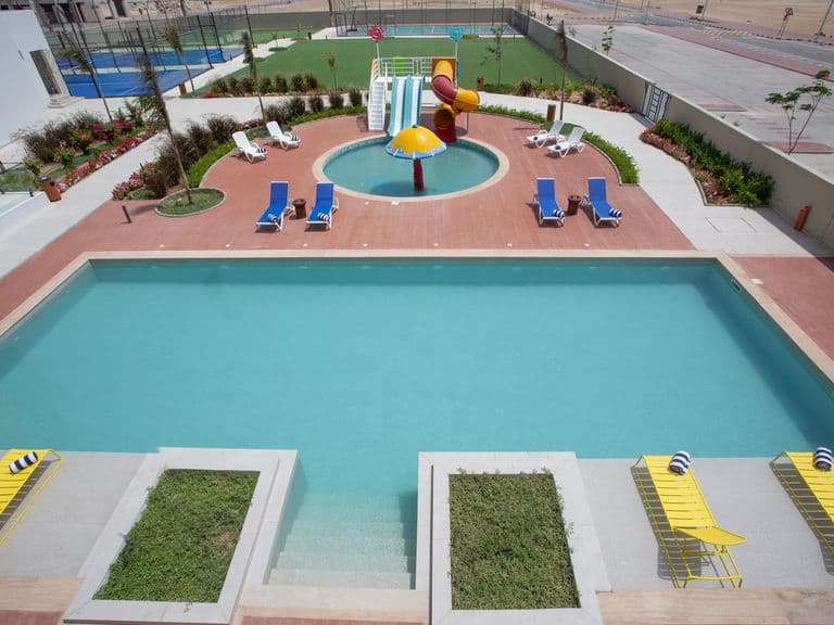 The pool and children's pool seen from above