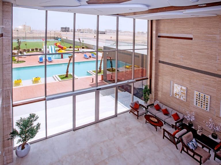 The lobby lounge, looking out over the pool