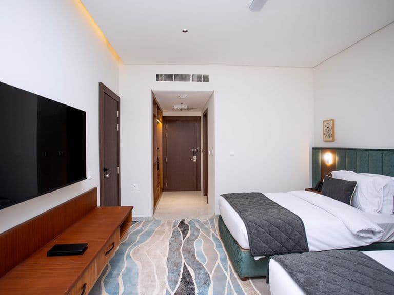 A twin room with television