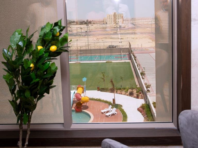 The view from a guest room over the pool