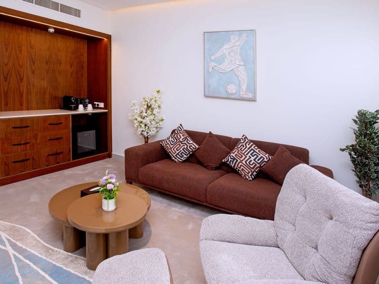A suite living room with kitchenette