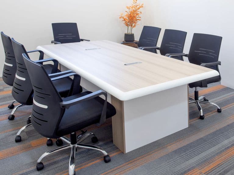 The meeting room, set up boardroom style