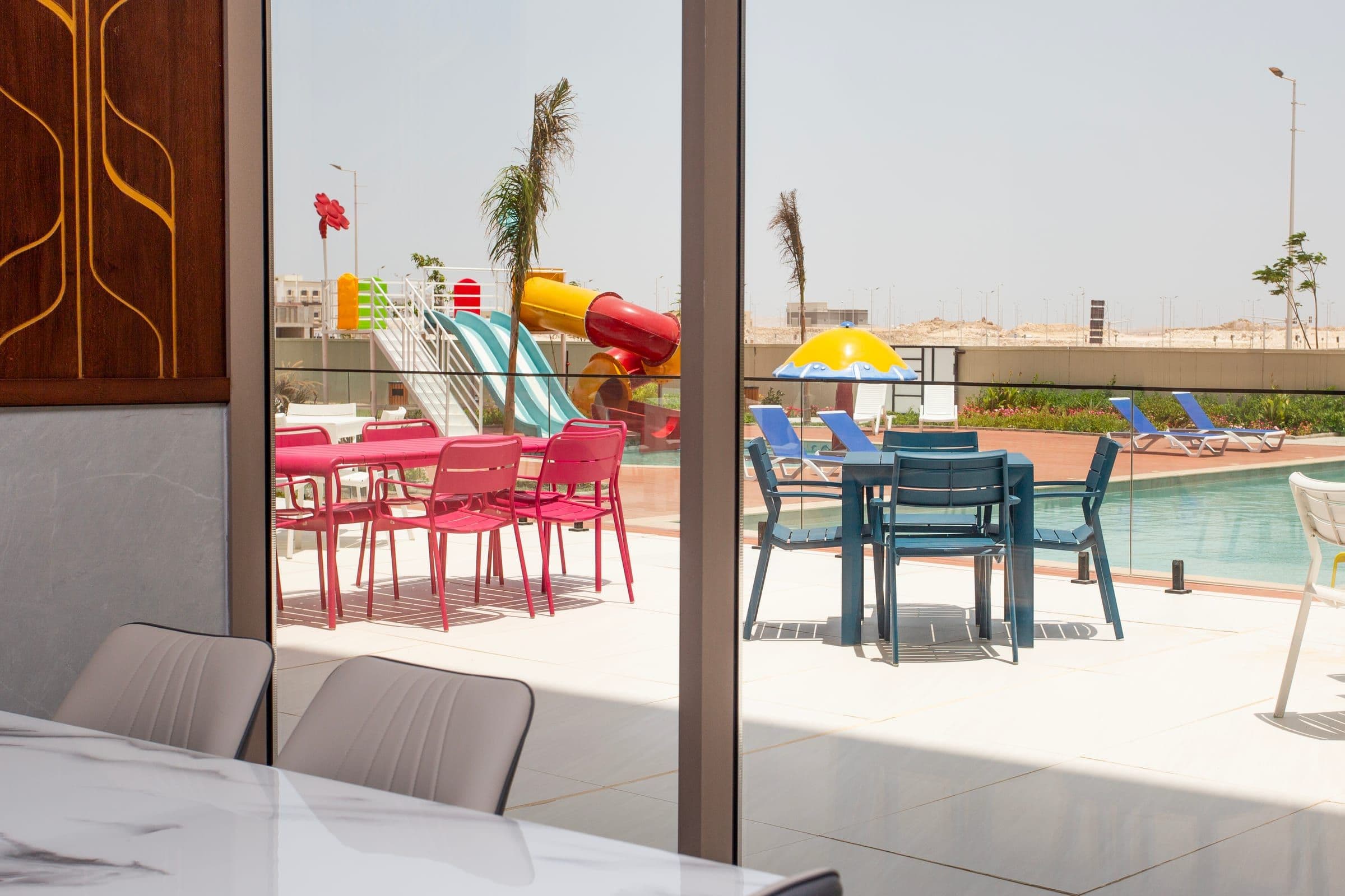 The café, looking out over the pool terrace